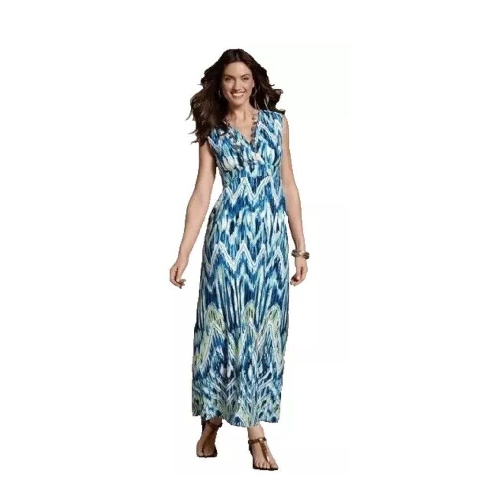 Chico's Flamestitch Mara Maxi Dress Size 2 12-14 L Chevron Blue Green Made in US